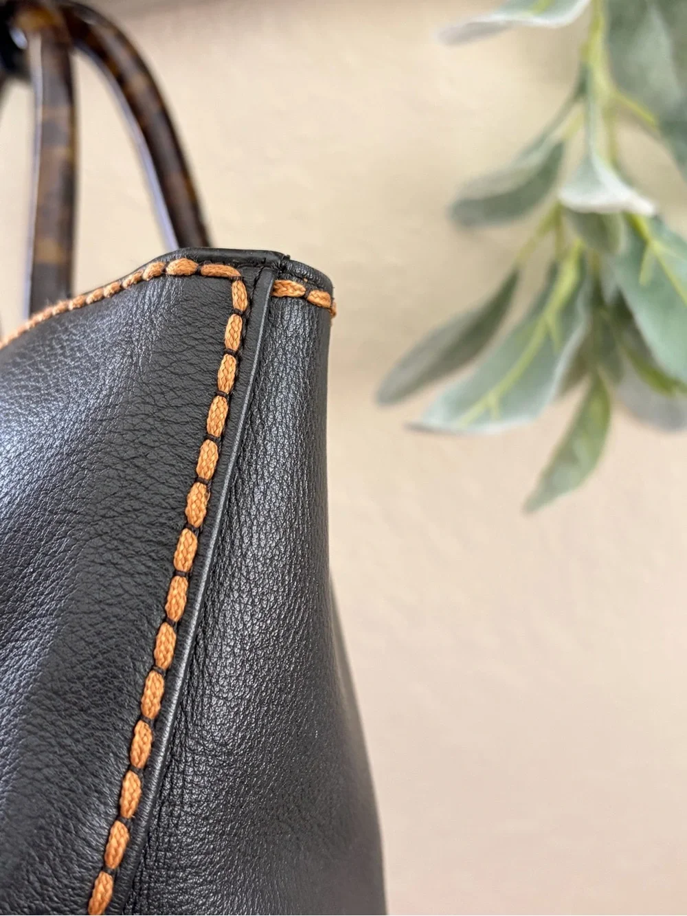 Plinio Visona Black Italian Leather Tote Bag, Tortoise Handles Leopard Interior